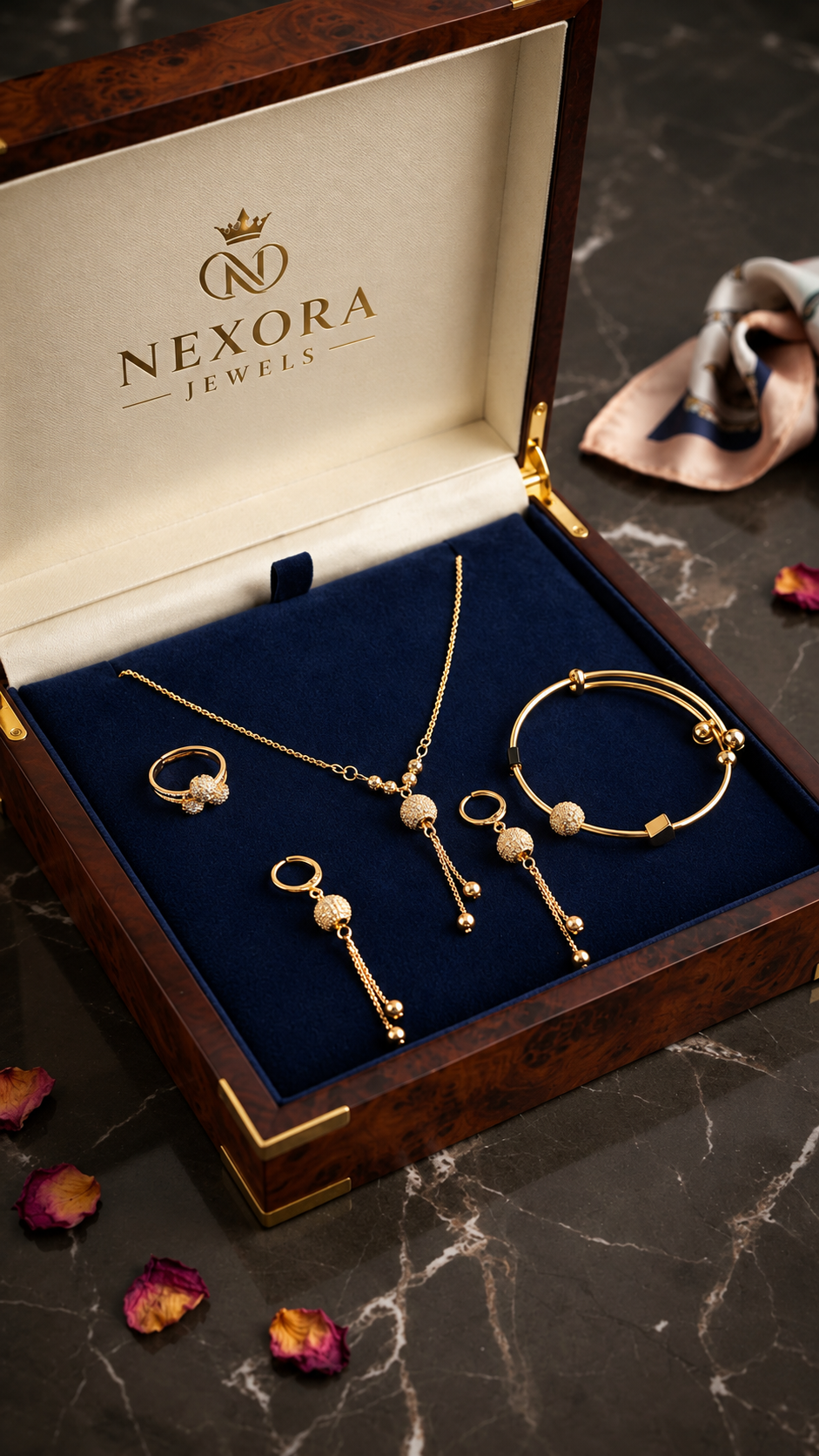 Imperial Gold 5-Piece Jewelry Set – Stainless Steel Necklace + Adjustable Bangle + Adjustable +Ring & Matching Earrings