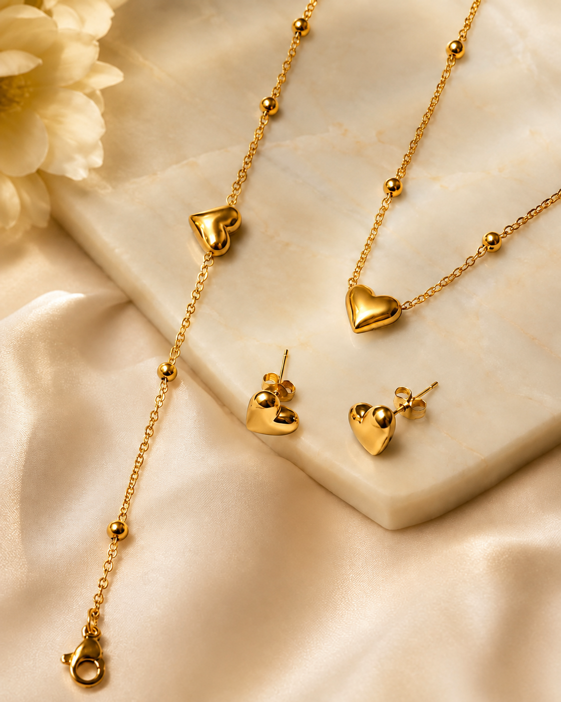Golden Heart Stainless Steel Jewelry Set – Necklace, Bracelet & Earrings