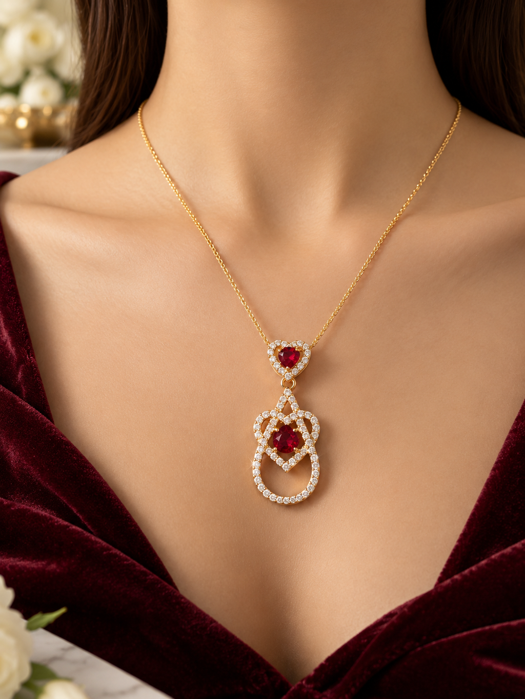 Fancy Ruby Zircon Pendant Necklace – Gold Plated Stainless Steel | Micro Zircon Drop Heart Design | Best Quality