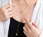 Double Heart Long Dangling Chain Necklace – Gold Plated Korean-Style Up Down Pendant |