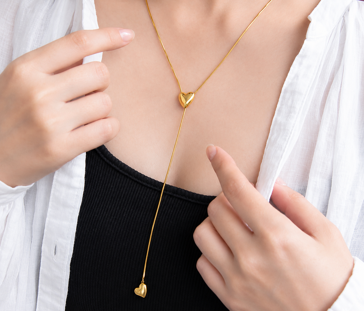 Double Heart Long Dangling Chain Necklace – Gold Plated Korean-Style Up Down Pendant |