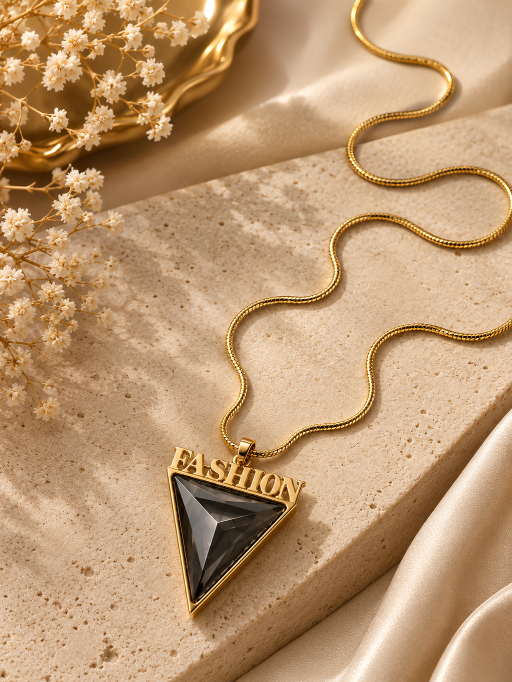 "FASHION" Triangle Pendant Necklace – Gold Plated Black Stone Statement Jewelry | Bold Fashion