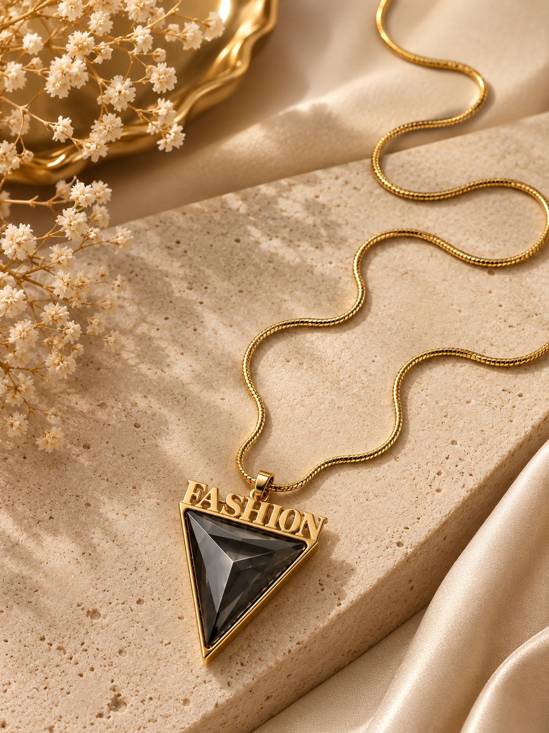 "FASHION" Triangle Pendant Necklace – Gold Plated Black Stone Statement Jewelry | Bold Fashion