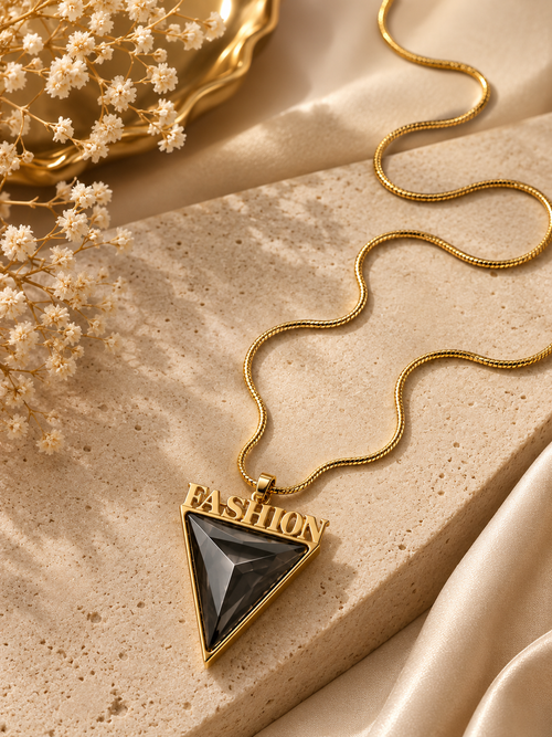 "FASHION" Triangle Pendant Necklace – Gold Plated Black Stone Statement Jewelry | Bold Fashion