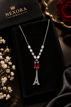 Paris Eiffel Tower Pendant Necklace – Silver Plated with Red Ruby Stone & Checkerboard Beads