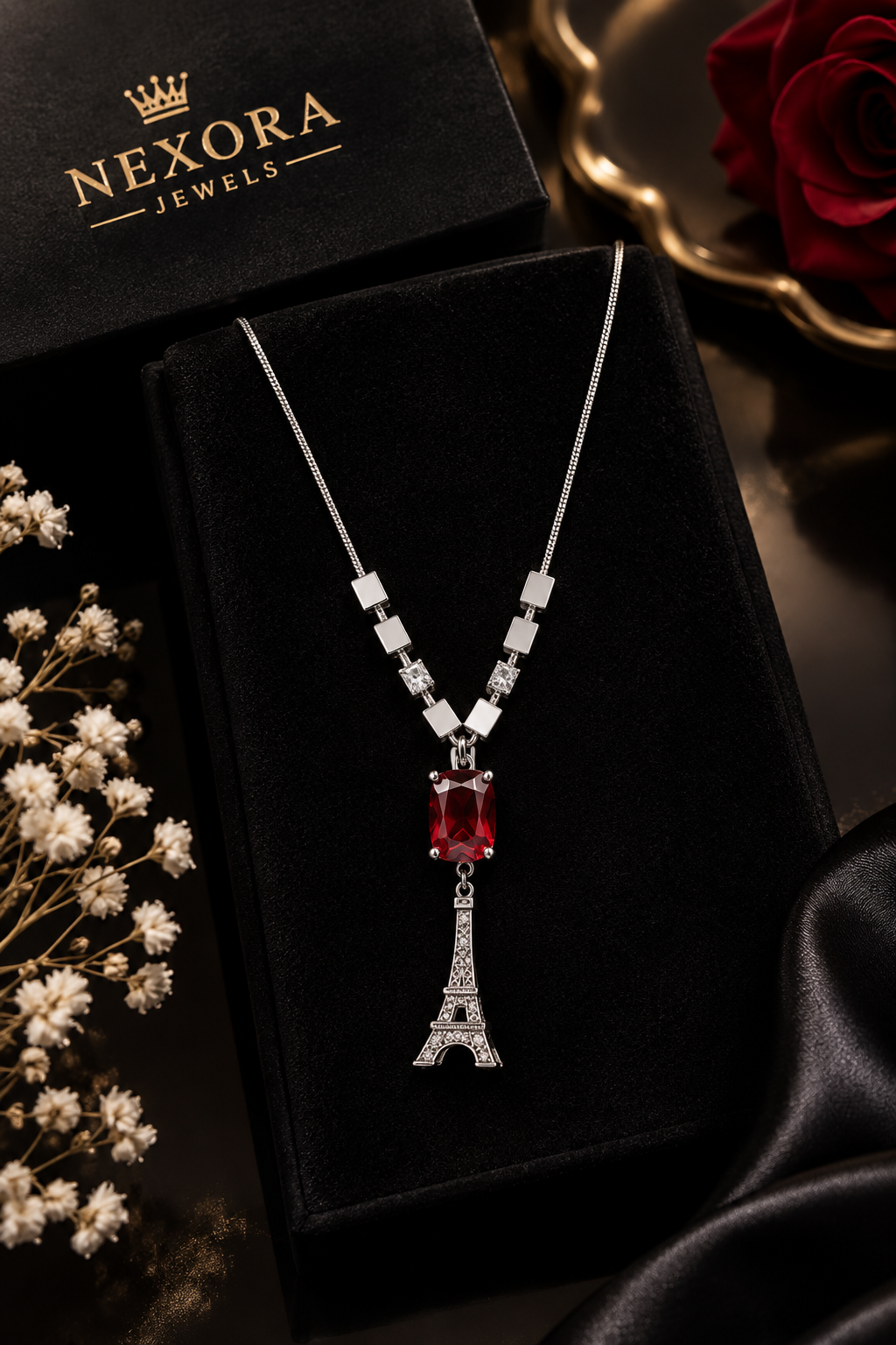 Paris Eiffel Tower Pendant Necklace – Silver Plated with Red Ruby Stone & Checkerboard Beads
