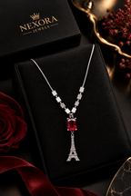 Paris Eiffel Tower Pendant Necklace – Silver Plated with Red Ruby Stone & Checkerboard Beads