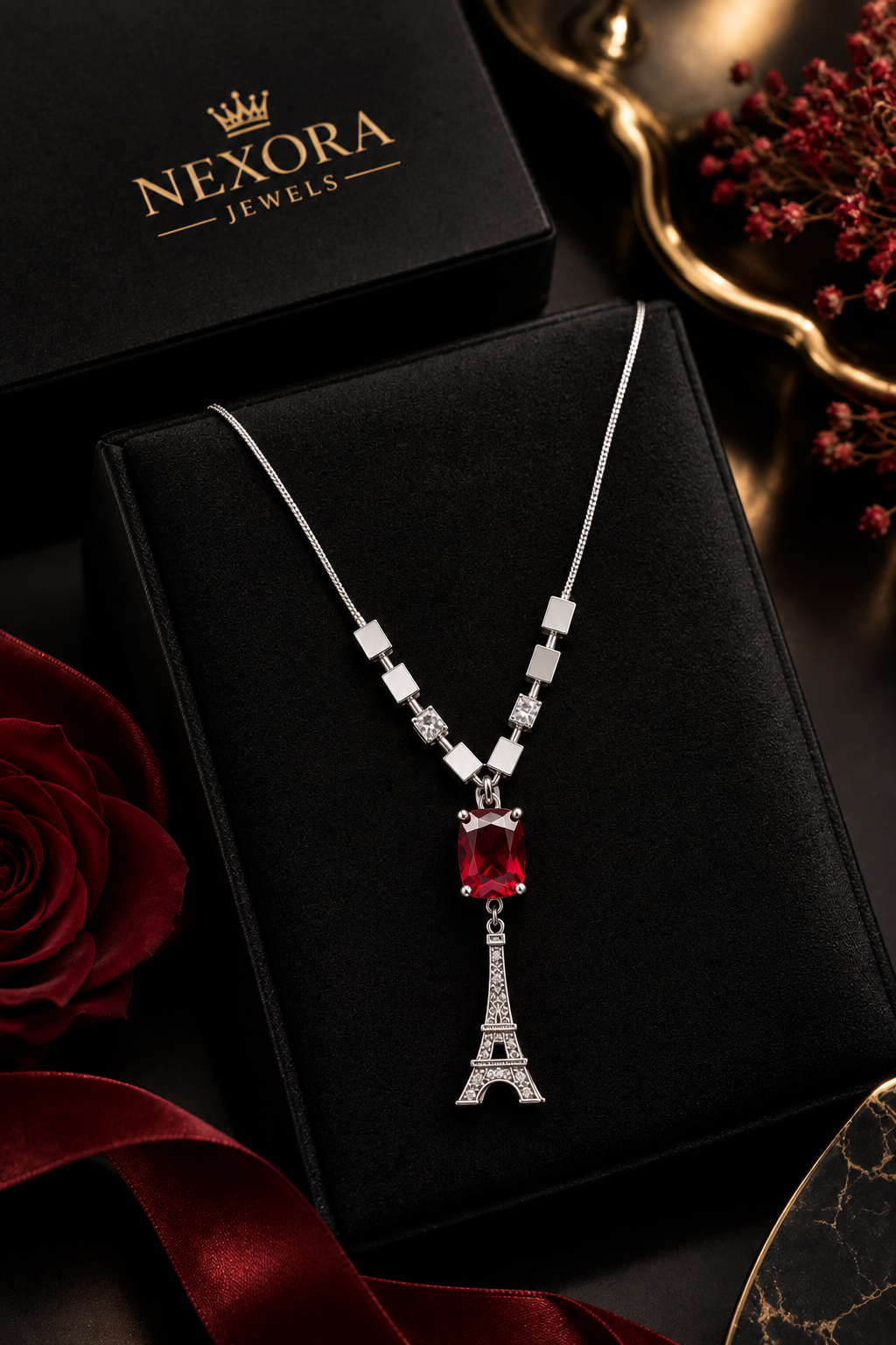 Paris Eiffel Tower Pendant Necklace – Silver Plated with Red Ruby Stone & Checkerboard Beads