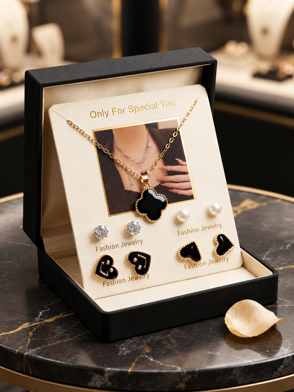 Royal Black Clover Pendant Necklace + Earing + Pearl Studs - 5 Piece Jewellery Set