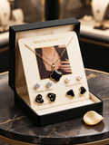 Royal Black Clover Pendant Necklace + Earing + Pearl Studs - 5 Piece Jewellery Set