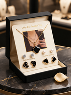 Royal Black Clover Pendant Necklace + Earing + Pearl Studs - 5 Piece Jewellery Set