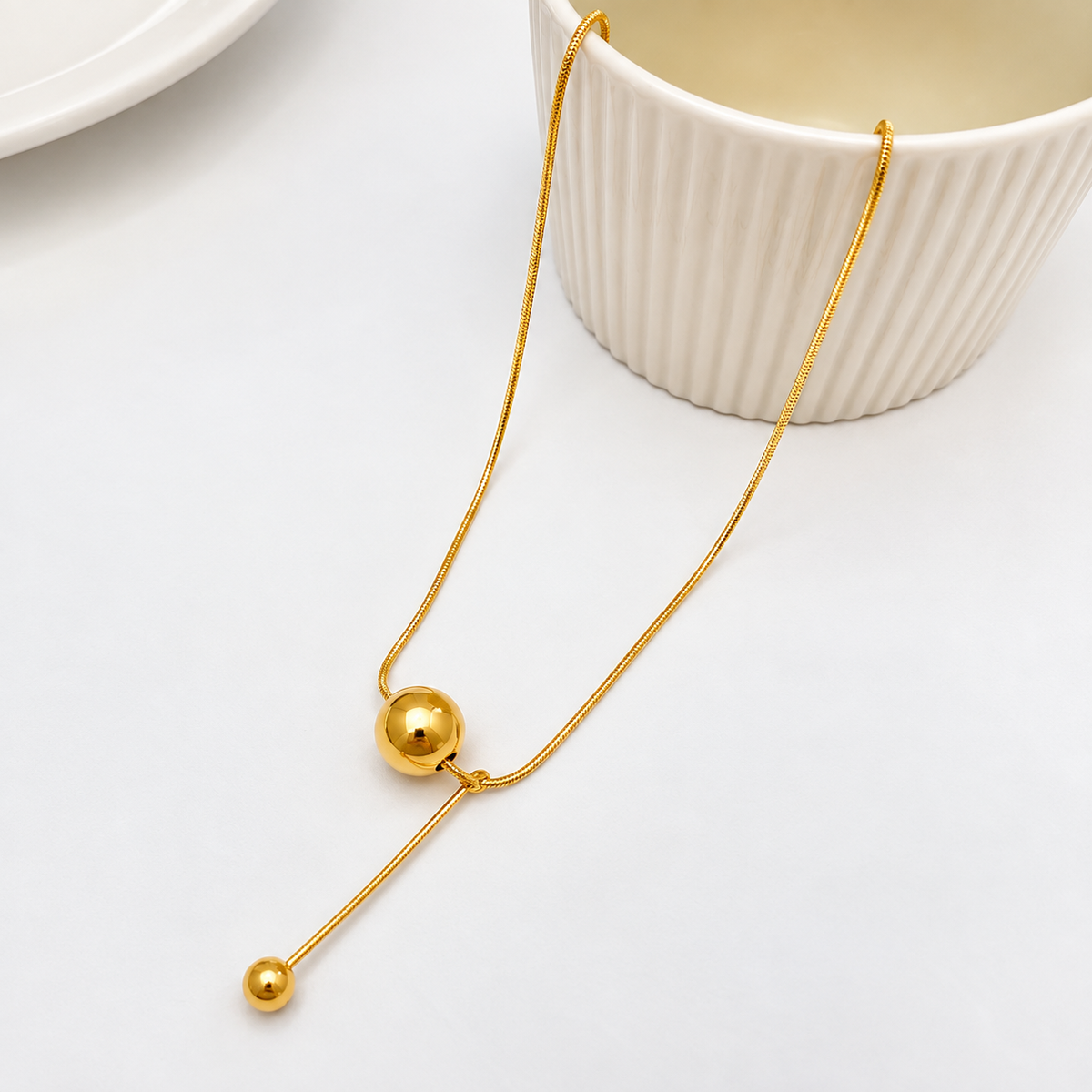 Gold Ball Drop Necklace – Stainless Steel Up Down Pendant with Dangling Chain-Korean-Style