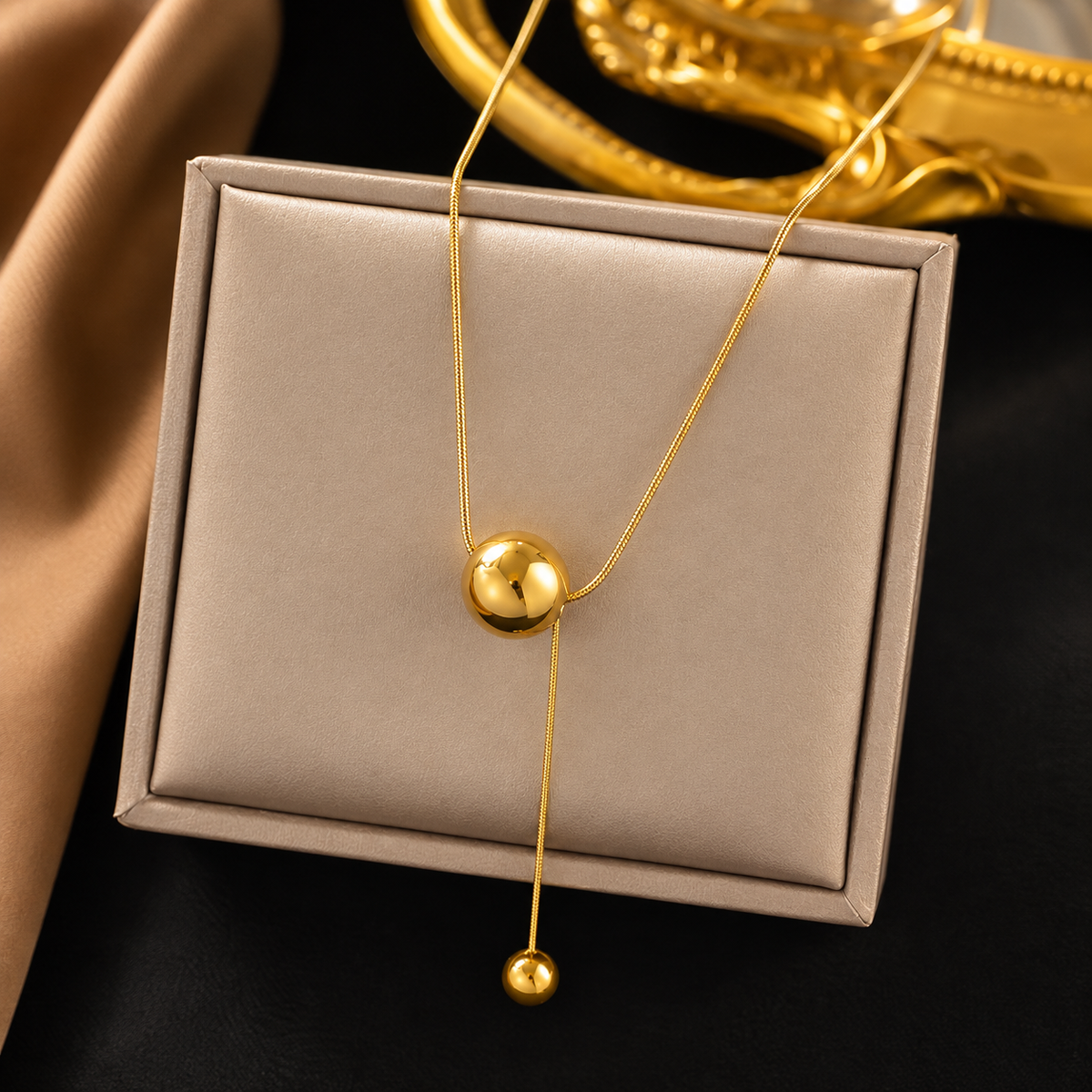 Gold Ball Drop Necklace – Stainless Steel Up Down Pendant with Dangling Chain-Korean-Style