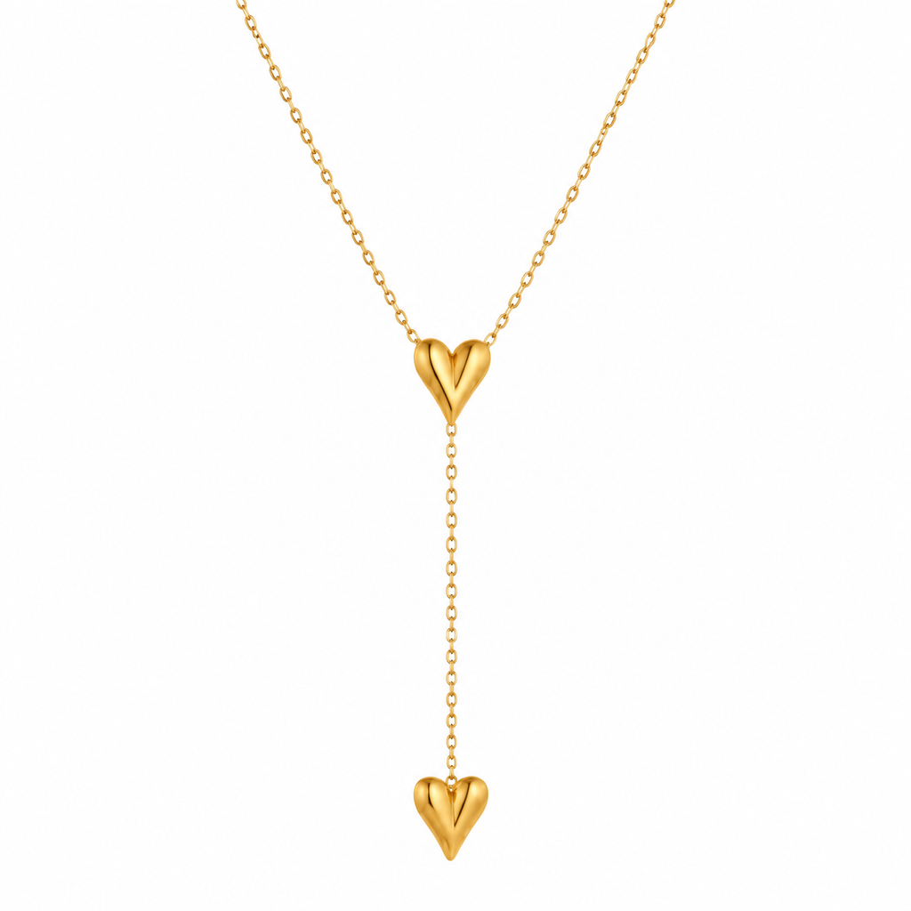 Double Heart Long Dangling Chain Necklace – Gold Plated Korean-Style Up Down Pendant |