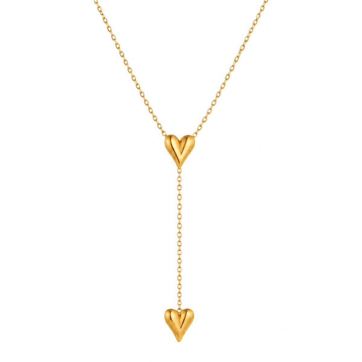 Double Heart Long Dangling Chain Necklace – Gold Plated Korean-Style Up Down Pendant |