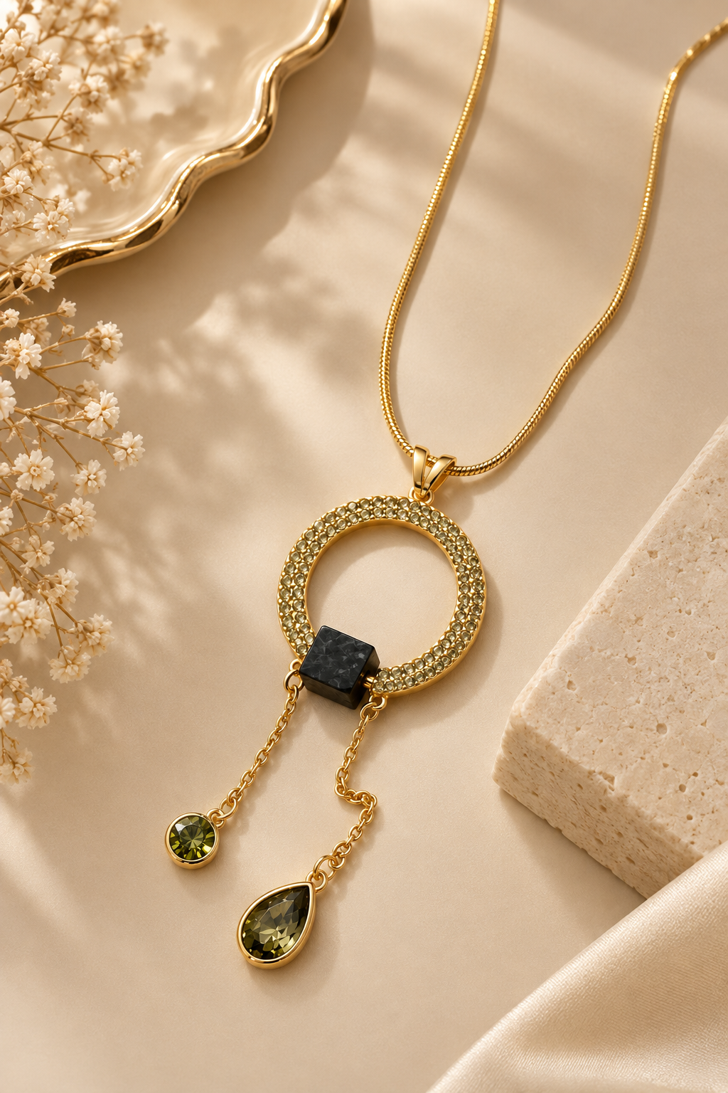 Vintage Emerald Circle Pendant Necklace – Ring Pendant with Black Cube & Asymmetric Dangling Chains
