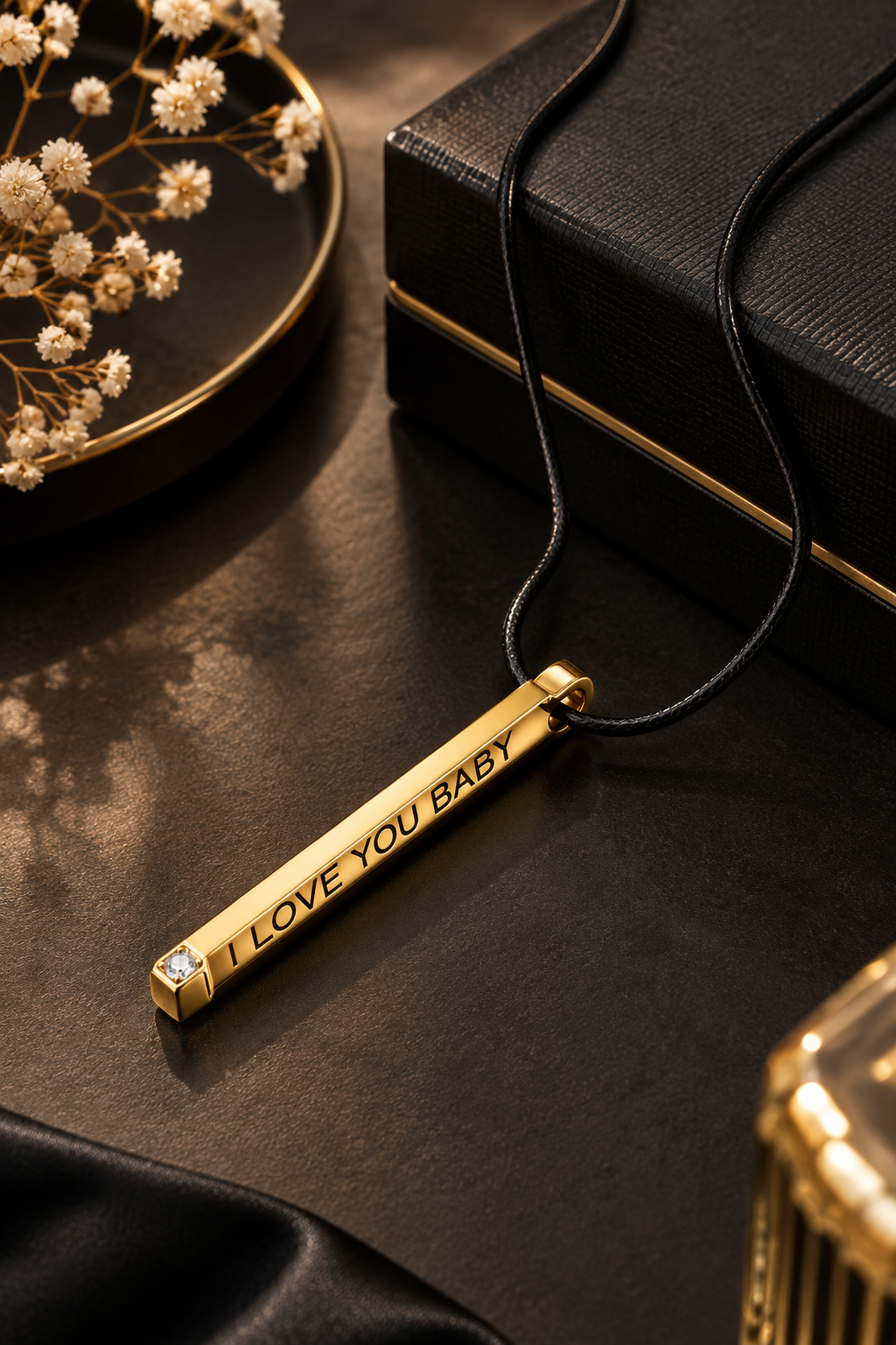 "I Love You Baby" Bar Pendant Necklace – Gold Plated Vertical Bar with Diamond Accent | Romantic Gift for Her