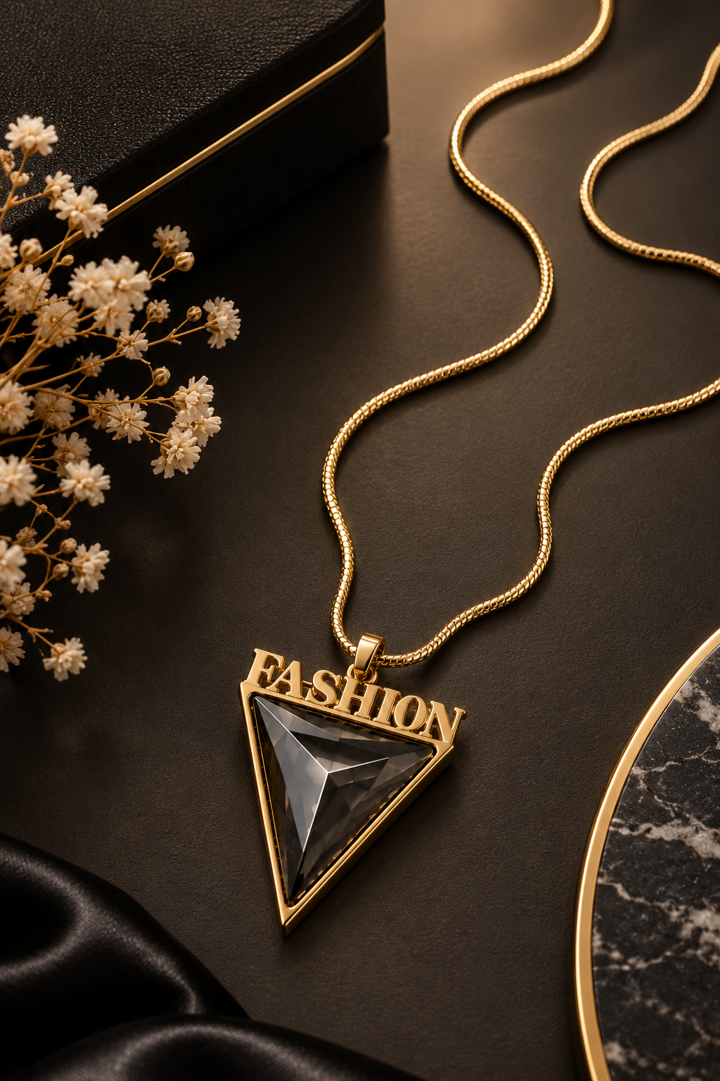 "FASHION" Triangle Pendant Necklace – Gold Plated Black Stone Statement Jewelry | Bold Fashion