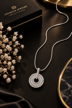 Silver Circle Pendant Necklace – Long Snake Chain with Studded