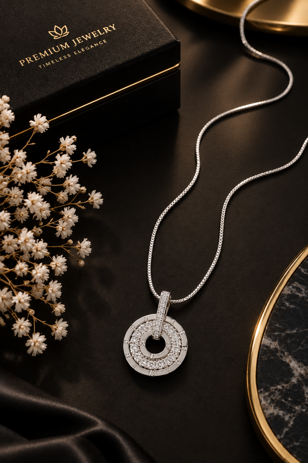 Silver Circle Pendant Necklace – Long Snake Chain with Studded