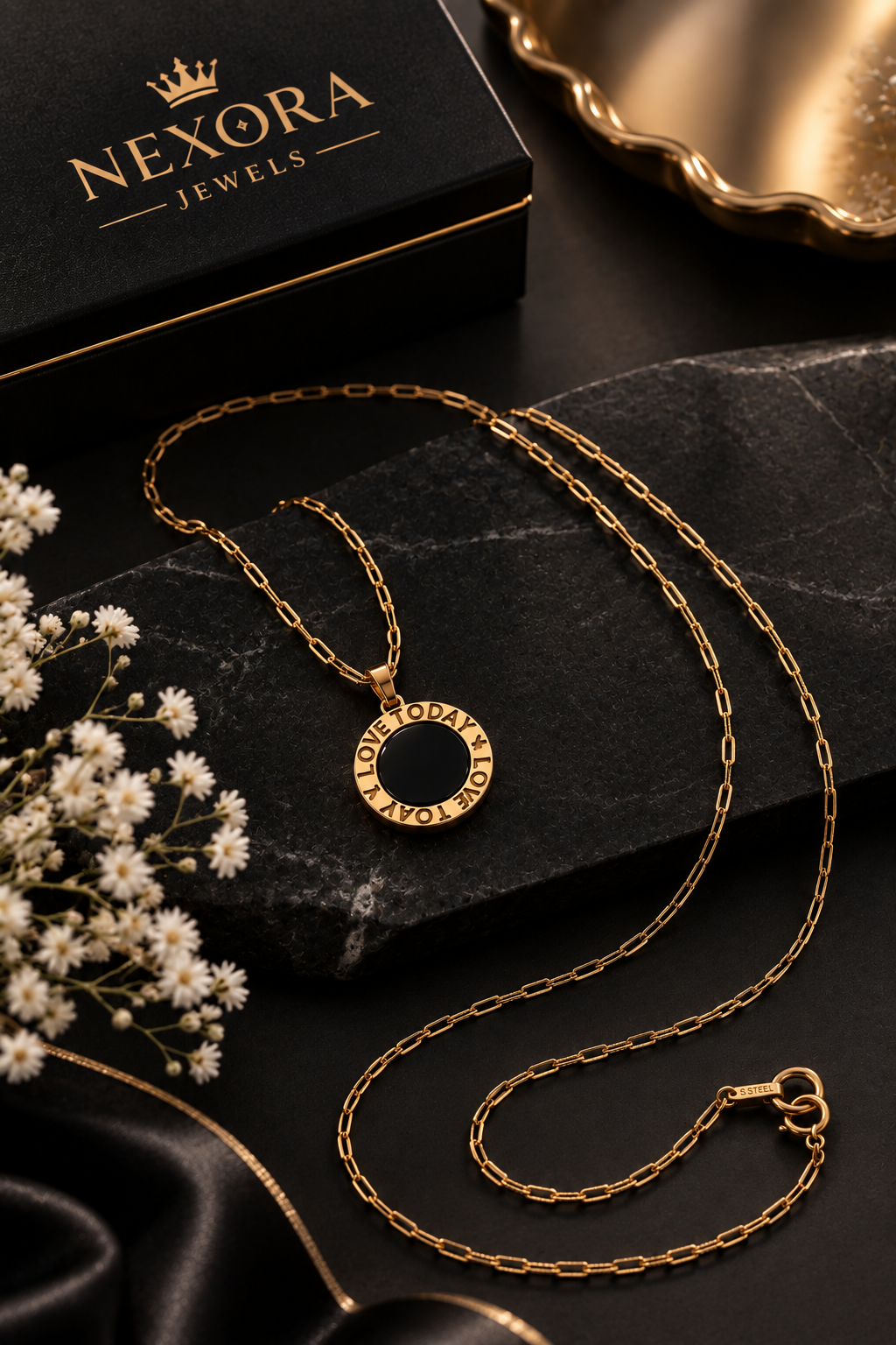 "Love You Today & Always" Coin Pendant Necklace – Gold Plated Black Round Medallion