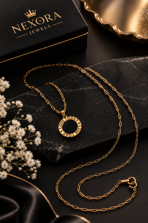 "Love You Today & Always" Coin Pendant Necklace – Gold Plated Black Round Medallion
