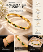 Gold Stainless Steel Handcuff with Emerald Green Stones | Luxury Bangle for Women