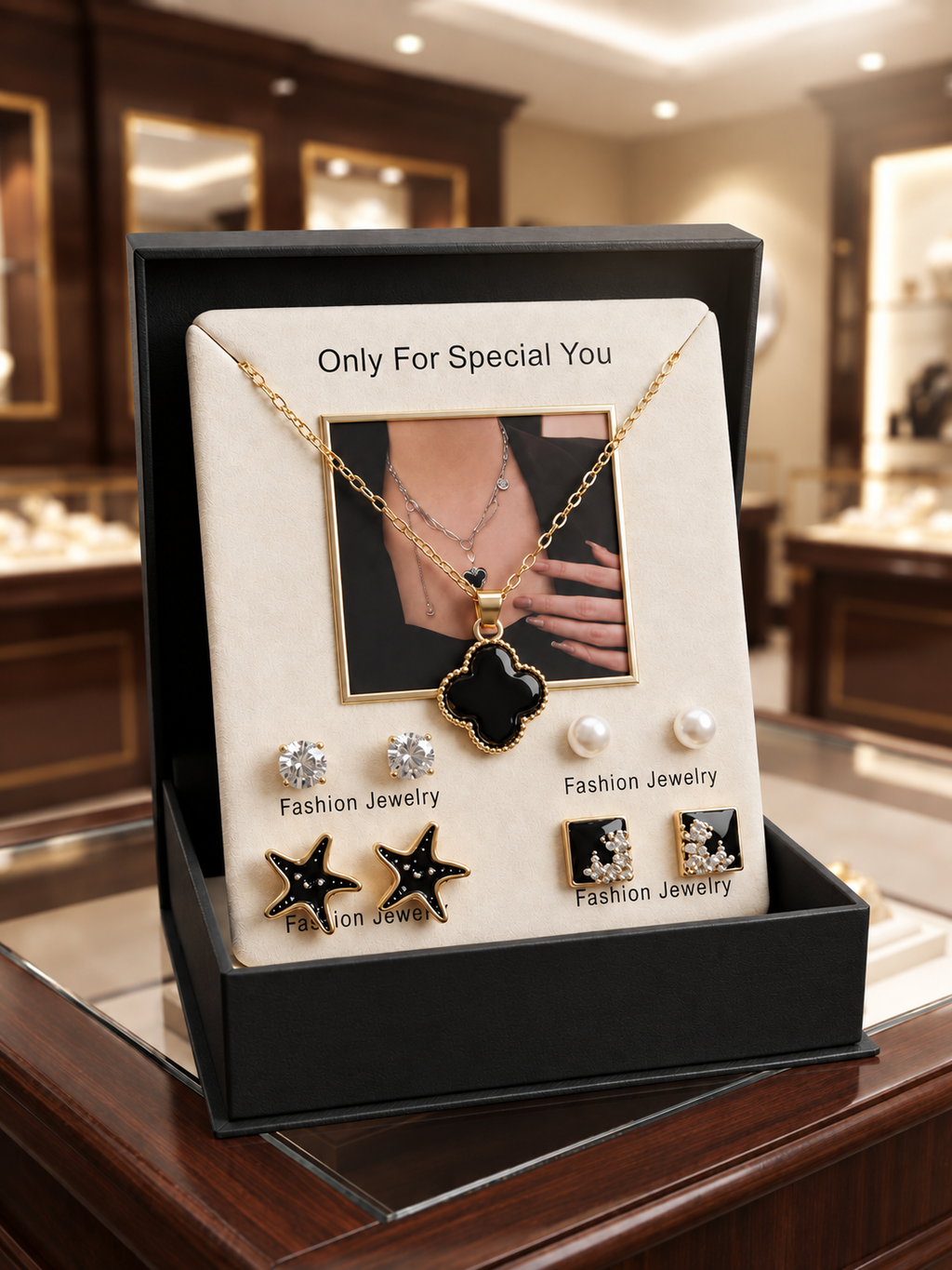 Royal Black Clover Pendant Necklace + Earing + Pearl Studs - 5 Piece Jewellery Set
