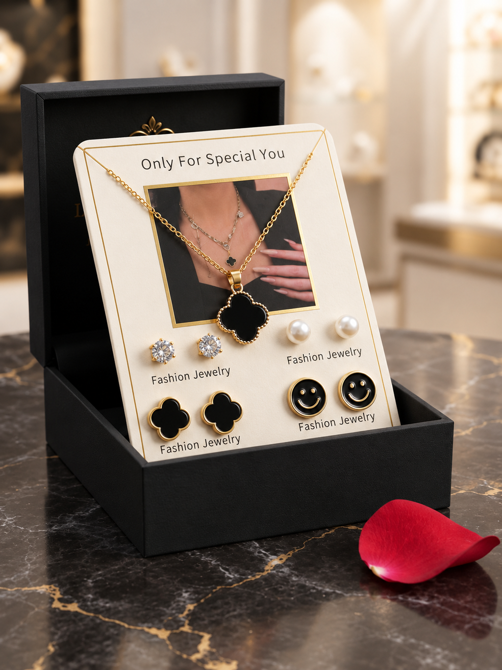 Royal Black Clover Pendant Necklace + Earing + Pearl Studs - 5 Piece Jewellery Set