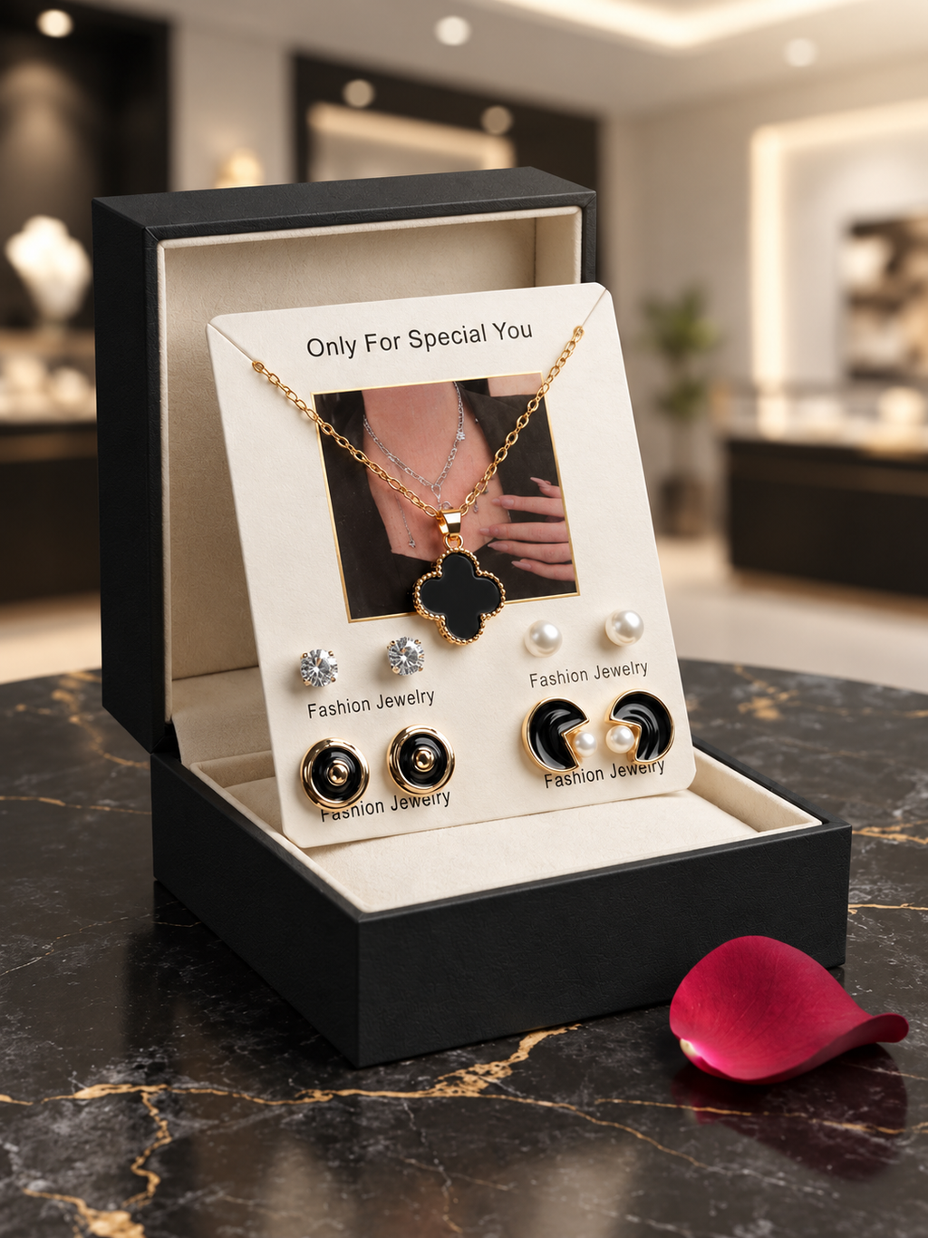 Royal Black Clover Pendant Necklace + Earing + Pearl Studs - 5 Piece Jewellery Set