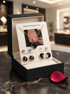 Royal Black Clover Pendant Necklace + Earing + Pearl Studs - 5 Piece Jewellery Set