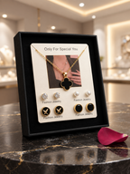 Royal Black Clover Pendant Necklace + Earing + Pearl Studs - 5 Piece Jewellery Set