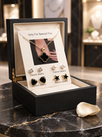 Royal Black Clover Pendant Necklace + Earing + Pearl Studs - 5 Piece Jewellery Set