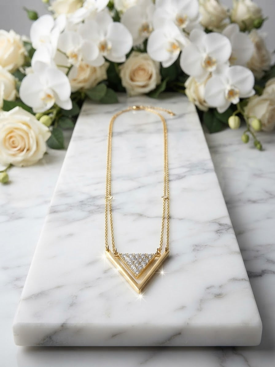 V-Shape Zircon Pendant Necklace – Gold Plated Stainless Steel | Double Chain Triangle Necklace