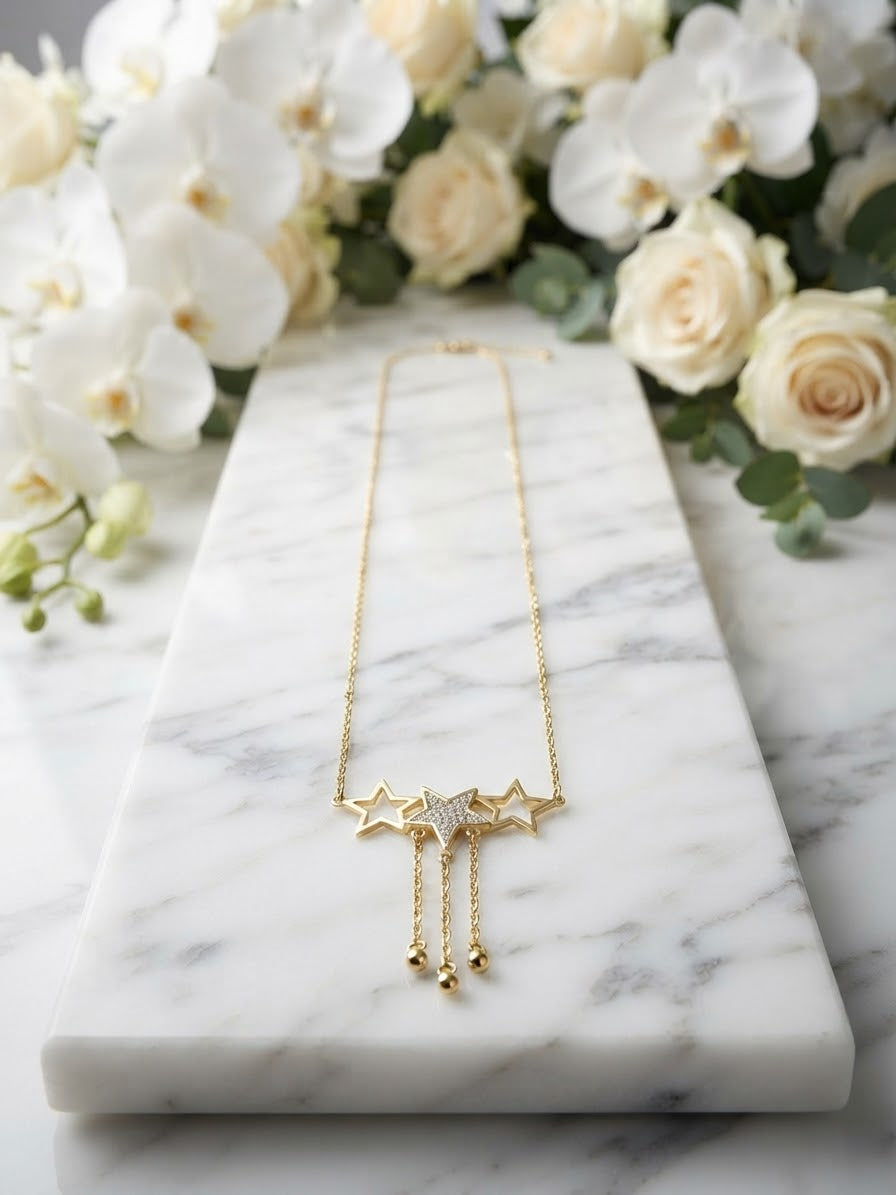 3 Star Drop Necklace – Gold Plated Stainless Steel | Zircon Star Pendant with Hanging Charms | Elegant Gift for Her