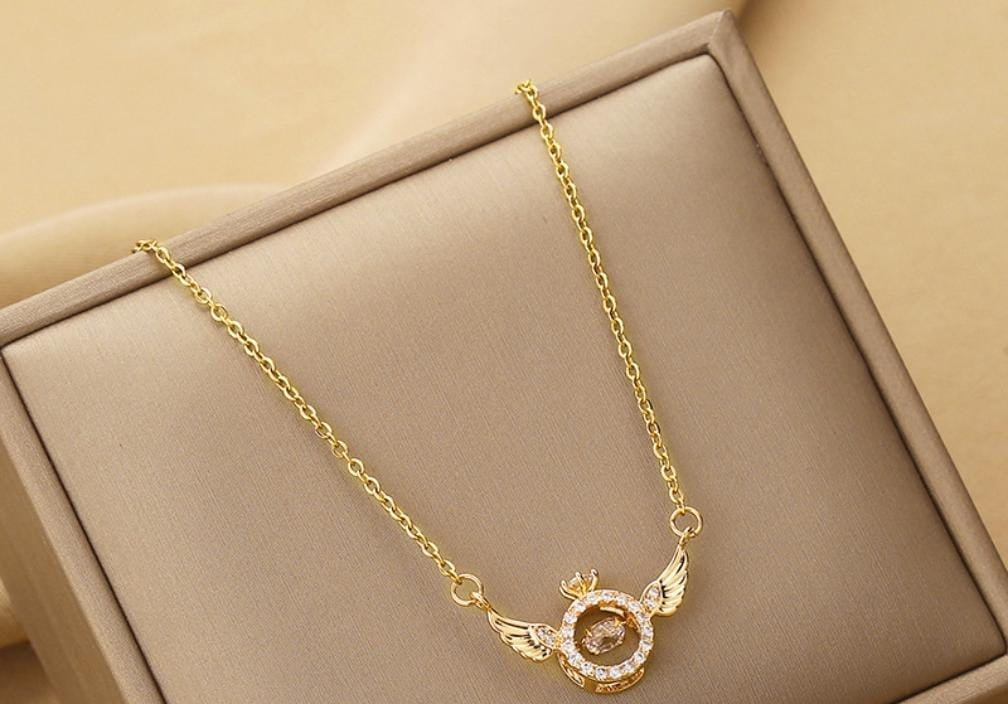 Angel Wing Crown Necklace – Gold Plated Stainless Steel | Diamond Studded Wings Pendant | Elegant Gift for Her