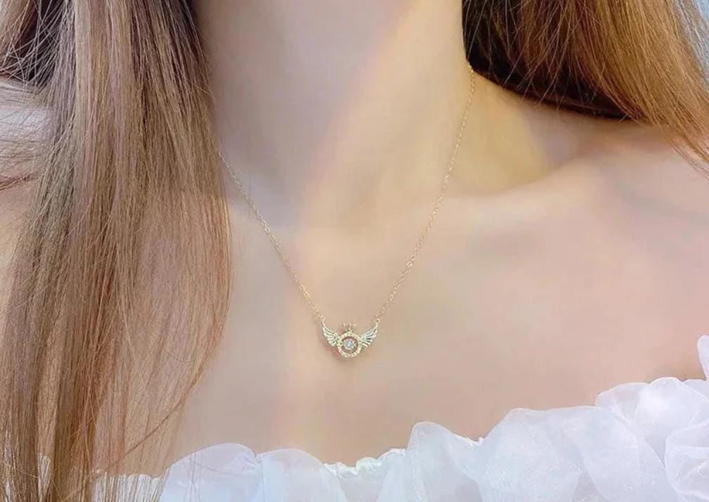 Angel Wing Crown Necklace – Gold Plated Stainless Steel | Diamond Studded Wings Pendant | Elegant Gift for Her