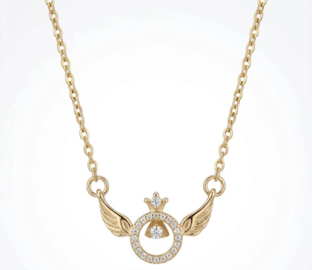 Angel Wing Crown Necklace – Gold Plated Stainless Steel | Diamond Studded Wings Pendant | Elegant Gift for Her