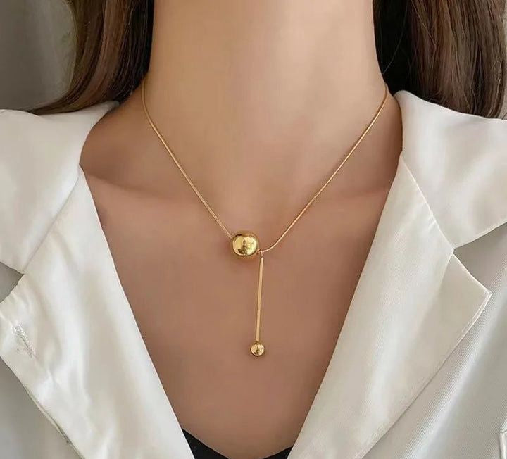 Gold Ball Drop Necklace – Stainless Steel Up Down Pendant with Dangling Chain-Korean-Style