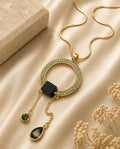 Vintage Emerald Circle Pendant Necklace – Ring Pendant with Black Cube & Asymmetric Dangling Chains