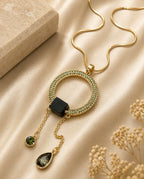 Vintage Emerald Circle Pendant Necklace – Ring Pendant with Black Cube & Asymmetric Dangling Chains