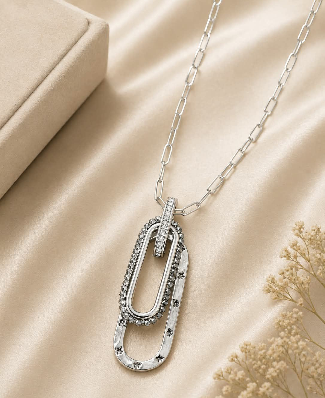 Double Oval Pendant with Studded & Hammered Finish | Modern Necklace