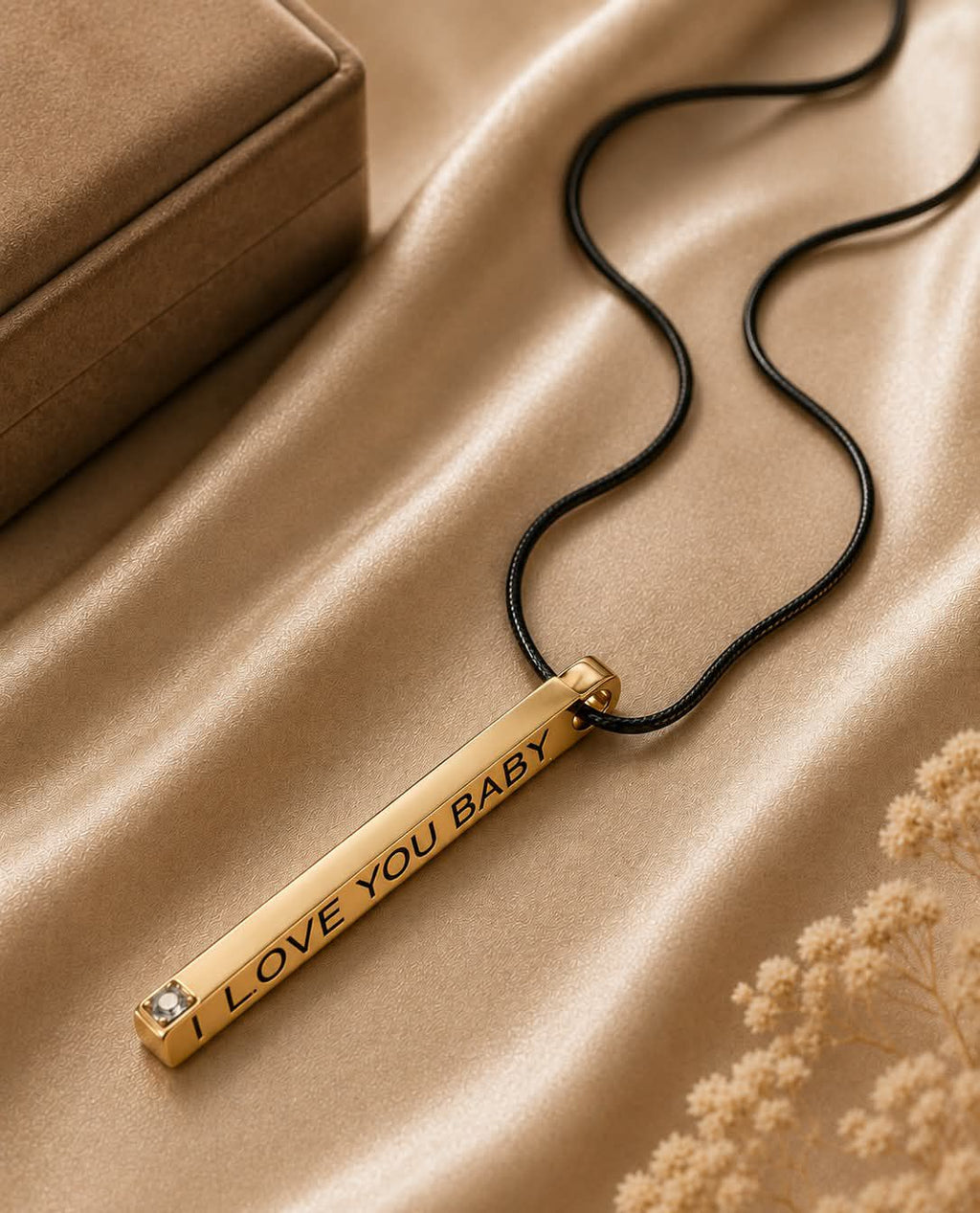 "I Love You Baby" Bar Pendant Necklace – Gold Plated Vertical Bar with Diamond Accent | Romantic Gift for Her