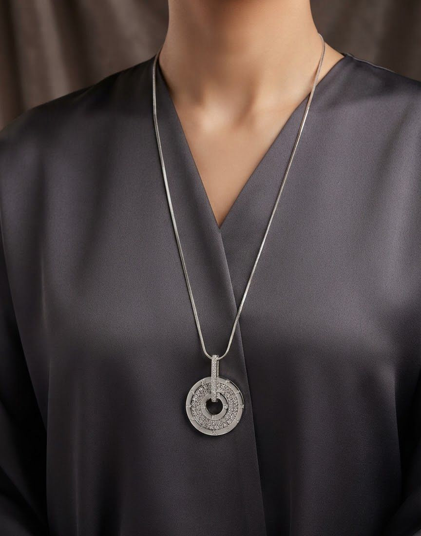 Silver Circle Pendant Necklace – Long Snake Chain with Studded