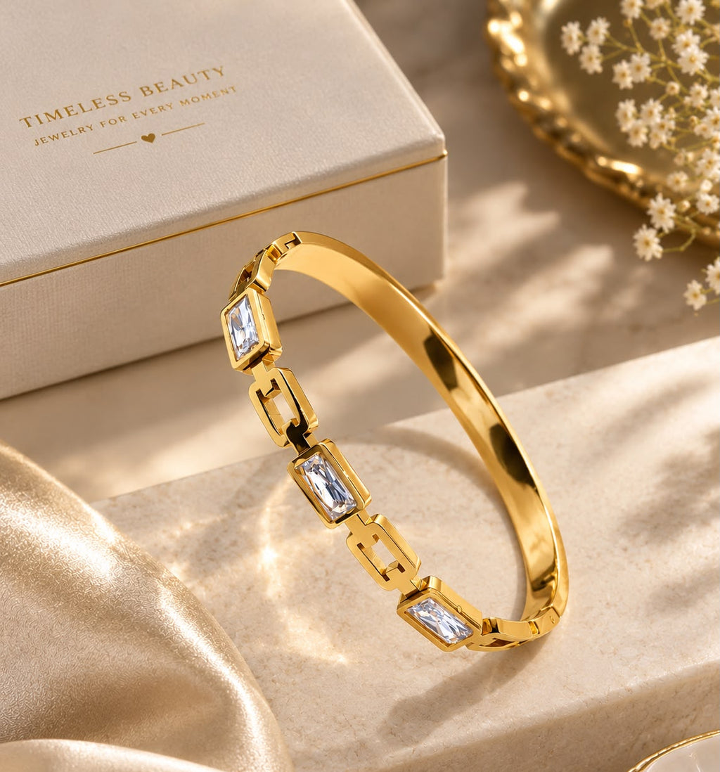 Gold Stainless Steel Handcuff with Emerald Green Stones | Luxury Bangle for Women