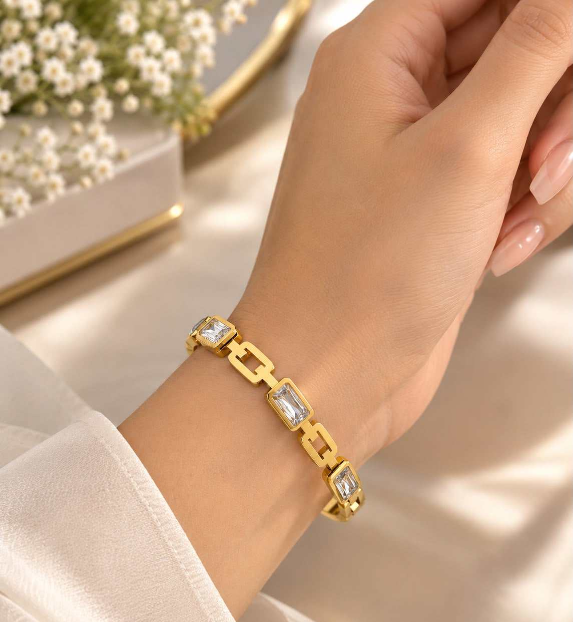 Gold Stainless Steel Handcuff with Emerald Green Stones | Luxury Bangle for Women