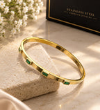 Gold Stainless Steel Handcuff with Emerald Green Stones | Luxury Bangle for Women