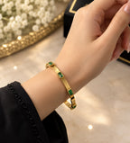 Gold Stainless Steel Handcuff with Emerald Green Stones | Luxury Bangle for Women