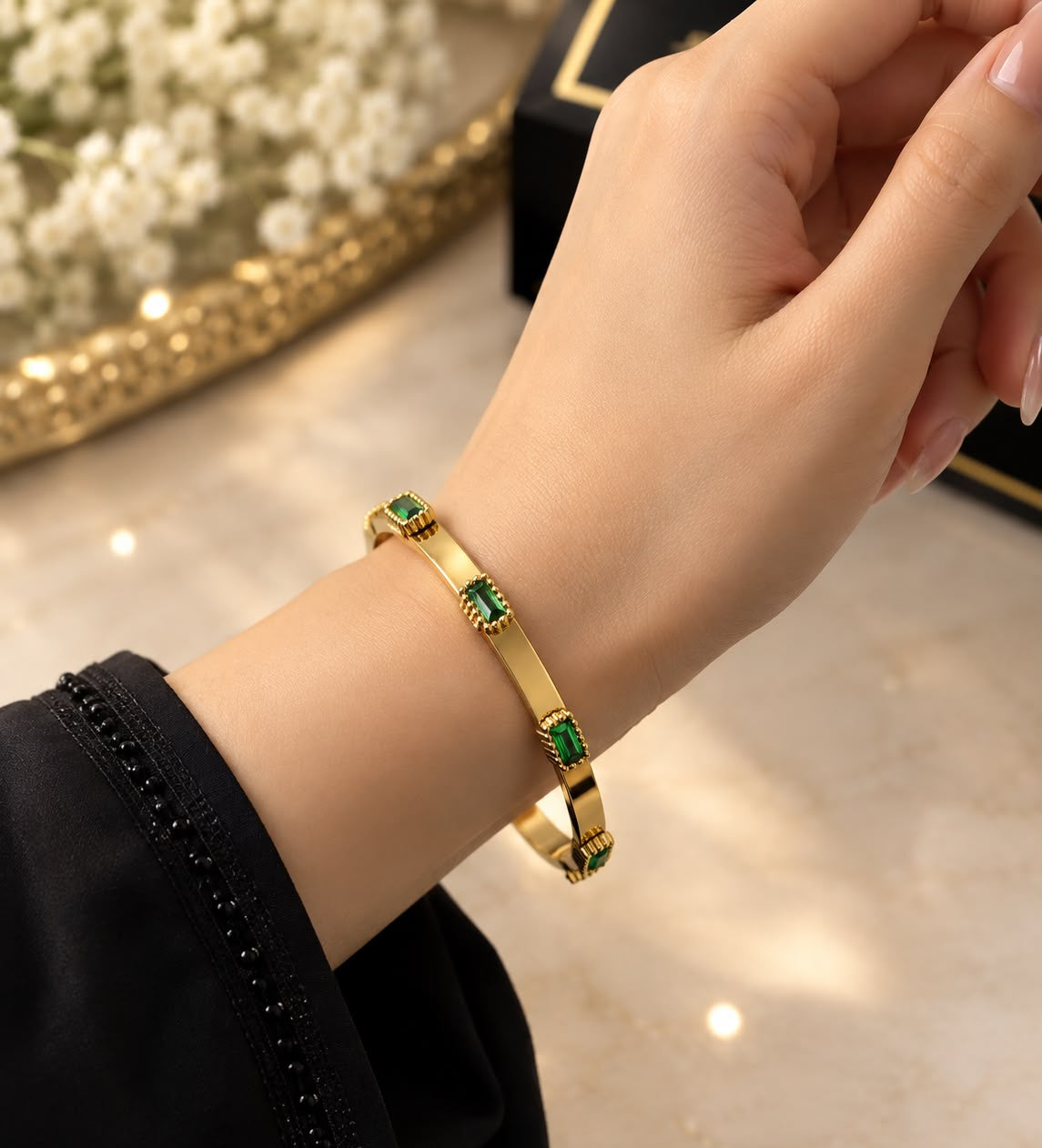 Gold Stainless Steel Handcuff with Emerald Green Stones | Luxury Bangle for Women