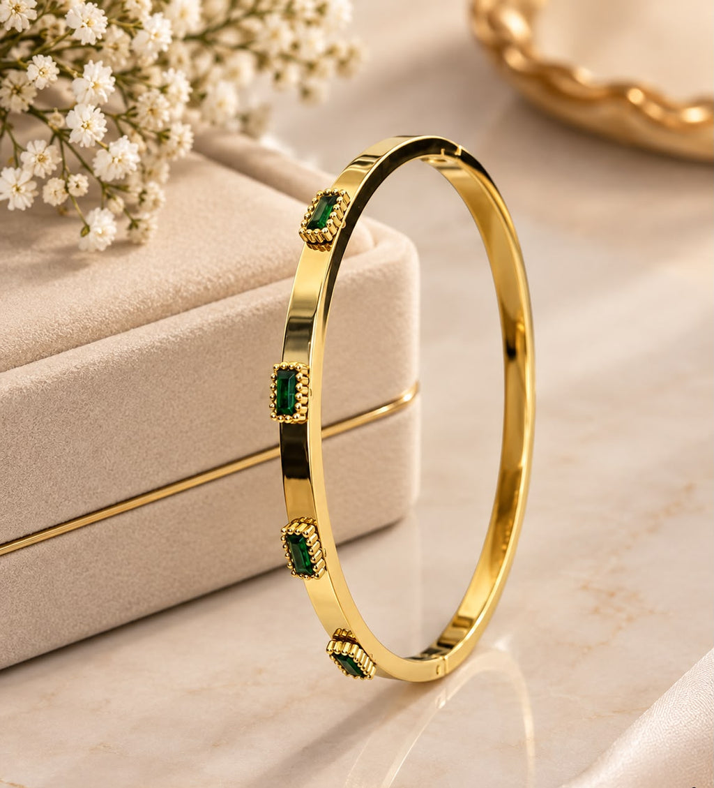 Gold Stainless Steel Handcuff with Emerald Green Stones | Luxury Bangle for Women